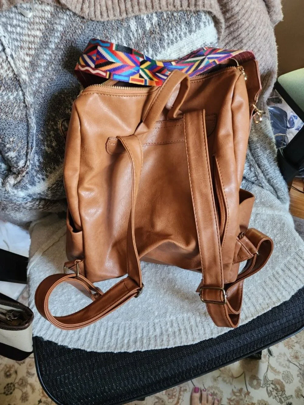 Brown Convertible Backpack Purse Boho Woven Strap FauxLeather